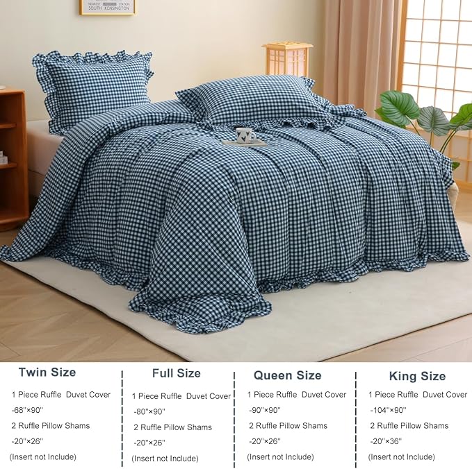 Navy Blue/White Plaid Ruffle 3-Piece Duvet Cover Set Full Size,Washed Cotton Shabby Gingham Checkered Bedding Set Vintage Comforter Set