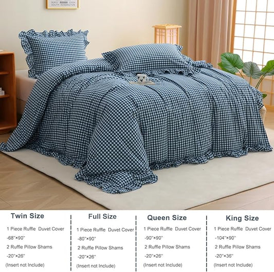 Navy Blue/White Plaid Ruffle 3-Piece Duvet Cover Set Full Size,Washed Cotton Shabby Gingham Checkered Bedding Set Vintage Comforter Set