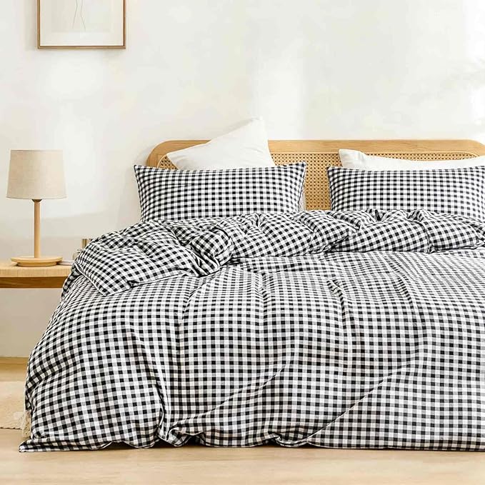 ETDIFFE Black Gingham Comforter Set King Size, 3 Piece Boho Grid Bedding Set - Soft and Lightweight Buffalo Checkered Plaid Microfiber Down Alternative Bed Comforter (104x90)