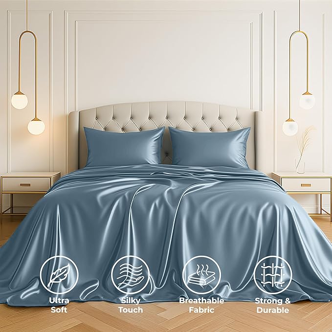 Pure Bedding Satin Sheets Twin [3-Piece, SkyBlue] Hotel Luxury Silky Bed Sheets - Extra Soft 1800 Microfiber Sheet Set, Wrinkle, Fade, Deep Pocket Fitted Sheet, Flat Sheet, Pillow Cases