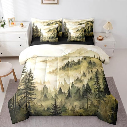 Erosebridal Yellow Misty Forest Twin Bedding Set 7 Piece Mountain Foggy Woodland Bed in A Bag with Sheets Rustic Pine Tree Comforter Set for Kids Adults,Watercolor Nature Theme Bed Sets