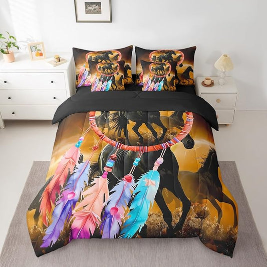 Erosebridal Horse Comforter Set 7 Piece Bed in a Bag Twin,Dream Catchers Feather Bedding Sets Western Animals Sheet Set with Comforter
