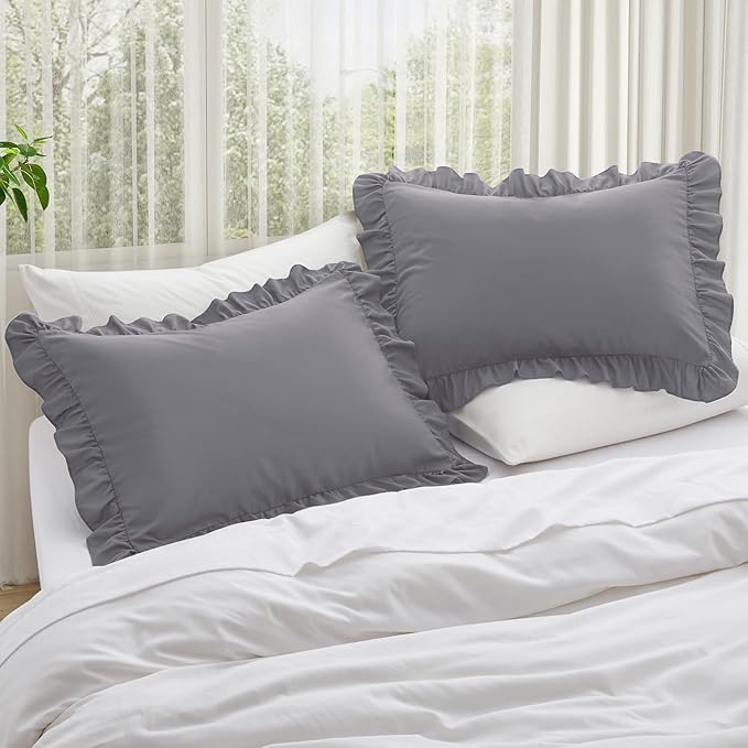 KKJIAF Ruffle Pillow Cases King Size Set of 2, Ruffled Pillow Covers with Envelope Closure, Wrinkle Resistant Ruffled Pillow Shams 20" x 36", Grey