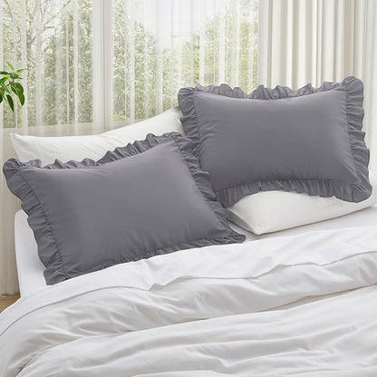 KKJIAF Ruffle Pillow Cases King Size Set of 2, Ruffled Pillow Covers with Envelope Closure, Wrinkle Resistant Ruffled Pillow Shams 20" x 36", Grey