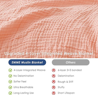 EMME Cotton Muslin Twin Blanket Breathable Gauze Soft Lightweight Adults Gifts for Women (Pink,60"x80")
