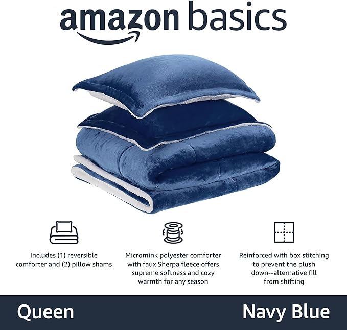 Amazon Basics 3-Piece Ultra-Soft Micromink Sherpa Comforter Bedding Set, Warm All Season, Machine Washable, Full/Queen, Navy Blue