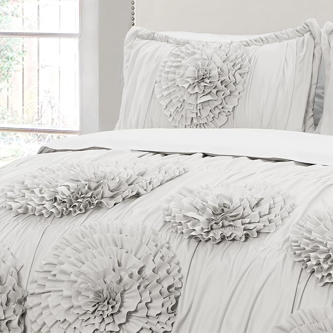 Lush Decor Serena Comforter Set, 3 Piece Set, King, Light Gray - Cute Comforter - King Bedding Set - Gray Comforter King Size - Coquette Decor