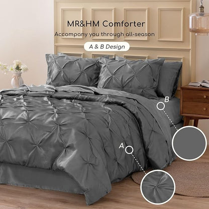 MR&HM Satin Comforter Queen 7 Pieces - Luxurious Pinch Pleat Bedding Set with Comforter, Flat Sheet, Fitted Sheet, Pillowcases & Shams, Super Silky Soft Bed Set for All Season (Queen, Dark Grey)