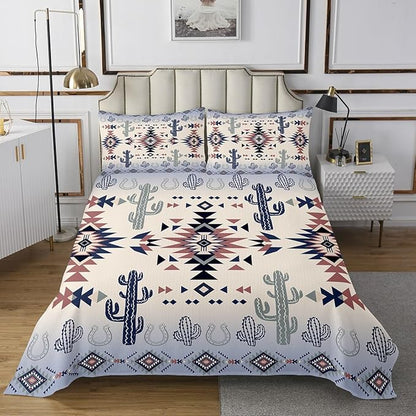 Manfei Geometric Aztec Bedspread Queen Size,Horseshoe Cactus Western Cowboy Cowgirl Coverlet Set,Boys Girls Room Decor,Arrow Native Tribal Quilted Coverlet,Bohemia Retro Bedding Quilt,2 Pillowcases