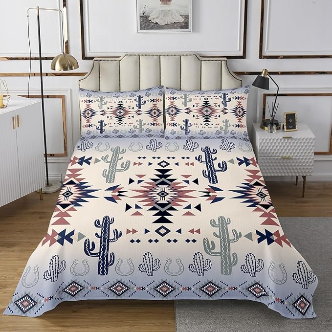 Manfei Geometric Aztec Bedspread King Size,Horseshoe Cactus Western Cowboy Cowgirl Coverlet Set,Boys Girls Room Decor,Arrow Native Tribal Quilted Coverlet,Bohemia Retro Bedding Quilt,2 Pillowcases