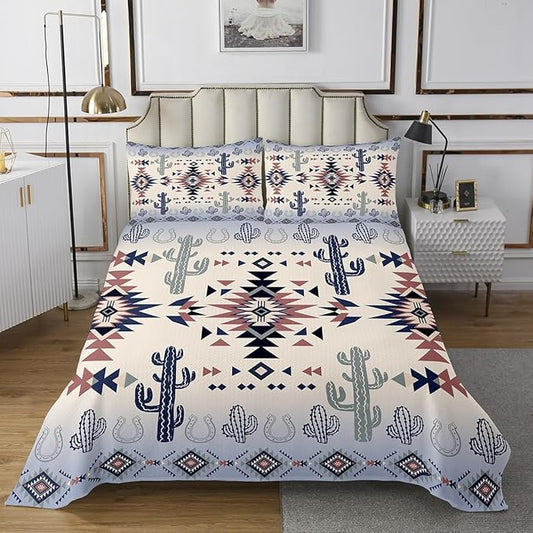 Manfei Geometric Aztec Bedspread Twin Size,Horseshoe Cactus Western Cowboy Cowgirl Coverlet Set,Boys Girls Room Decor,Arrow Native Tribal Quilted Coverlet,Bohemia Retro Bedding Quilt,1 Pillowcase