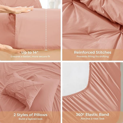 Sasttie Queen Comforter Set, 7-Piece Bed in a Bag, Pintuck Bedding Sets for All Season, Includes Comforter, Flat Sheet, Fitted Sheet, Pillowcases and Pillowshams, Blush