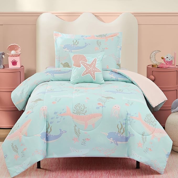 Twin Comforter Set for Girls-3 Pieces Ocean Animals Glow in the Dark Twin Bedding Sets for Kids,1 Comforter,1 Sham and 1 Decor Pillow