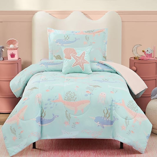 Twin Comforter Set for Girls-3 Pieces Ocean Animals Glow in the Dark Twin Bedding Sets for Kids,1 Comforter,1 Sham and 1 Decor Pillow