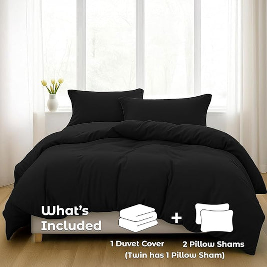Pure Bedding Duvet Cover Queen Size - 3 Pieces Extra Soft Bedding Set, Includes 1 Duvet Cover 90x90 Inches with Zipper Closure & 2 Pillow Shams, Comforter Not Included, Black