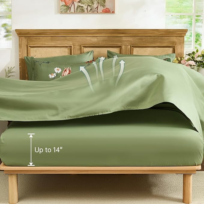 WONGS BEDDING Green Floral Comforter Set Queen, 7 Piece Bed in a Bag Bedding Set with Botanical Flowers Patterns, Soft Lightweight Complete Comforters with Sheets for All Season