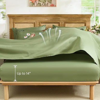 WONGS BEDDING Green Floral Comforter Set Queen, 7 Piece Bed in a Bag Bedding Set with Botanical Flowers Patterns, Soft Lightweight Complete Comforters with Sheets for All Season