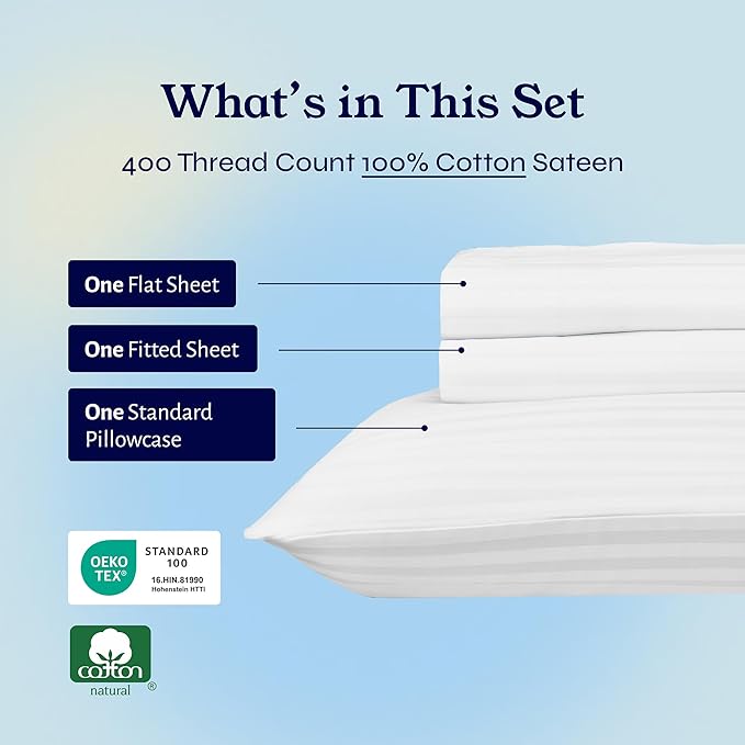 California Design Den Striped Twin XL Sheets Set - Soft 400 Thread Count Sateen, Natural 100% Cotton Sheets with Deep Pockets, and Durable Bedding Set - Striped White