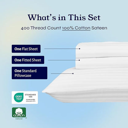 California Design Den Striped Twin XL Sheets Set - Soft 400 Thread Count Sateen, Natural 100% Cotton Sheets with Deep Pockets, and Durable Bedding Set - Striped White