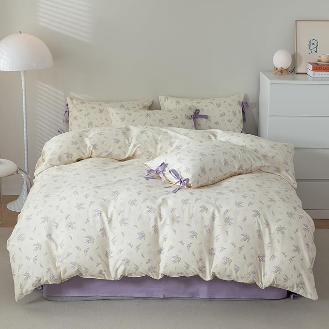 HighBuy Coquette Purple Floral Comforter Set Full Size Garden Floral Bedding Comforters with 2 Bow Tie Pillowcases for Teen Girl Vintage Boho Comforter Fluffy Soft All Season Comfy Comforters