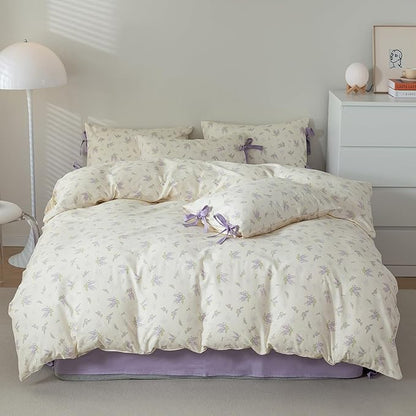 HighBuy Coquette Purple Floral Comforter Set Full Size Garden Floral Bedding Comforters with 2 Bow Tie Pillowcases for Teen Girl Vintage Boho Comforter Fluffy Soft All Season Comfy Comforters