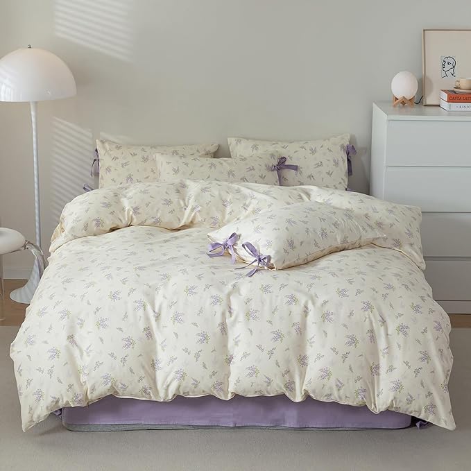 HighBuy King Comforter Set Girl Purple Floral Boho Comforter Set King with 2 Bow Tie Pillowcases Women Chic Shabby Cozy Soft Coquette Bedding Set Botanical Comforter Sets