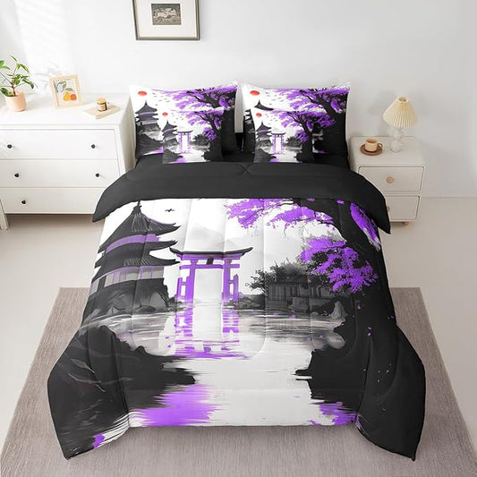 7 Piece Japanese Bedding Set With Sheets King Sun Cherry Blossom Comforter Set Watercolor Black Purple Mountain Sakura Floral Bed In A Bag For Girls Adults Women Asian Chinese Ink Anime Bed Set