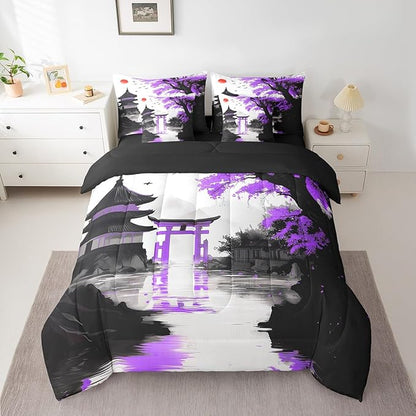 7 Piece Japanese Bedding Set With Sheets Full Sun Cherry Blossom Comforter Set Watercolor Black Purple Mountain Sakura Floral Bed In A Bag For Girls Adults Women Asian Chinese Ink Anime Bed Set