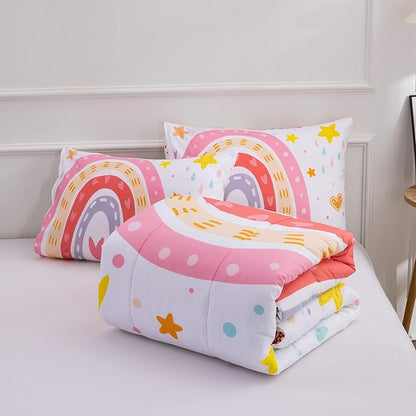 Btargot Lightweight Soft 3 Piece Rainbow Comforter Set with 2 Pillow Covers, Cartoon Love Hearts Flowers and Sun Star Bedding Set for Girls Boys Kids, Queen Pink