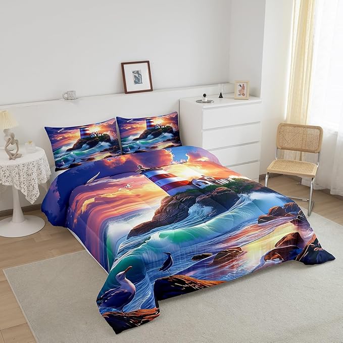 Castle Fairy 3D Lighthouse Comforter Set Twin Size Dreamy Sunset Sky Bedding Set Toddler Bedroom Decor Natural Coastal Scenery All Season Quilt Set Ocean Wave Bedding Comforter Sets,2Pcs