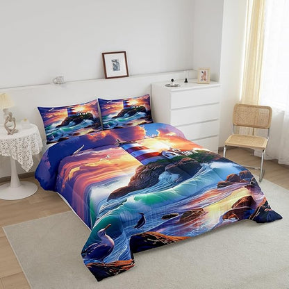 Castle Fairy 3D Lighthouse Comforter Set Full Size Dreamy Sunset Sky Bedding Set Toddler Bedroom Decor Natural Coastal Scenery All Season Quilt Set Ocean Wave Bedding Comforter Sets,3Pcs