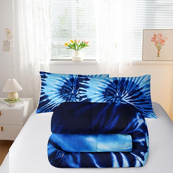 Blue Tie-dye Comforter Sets Twin Size,Abstract Modern Art Bedding Set for Your Room,Graffiti Soft Lightweight Quilted Set All Season 1 Comforter and 2 Pillowcases