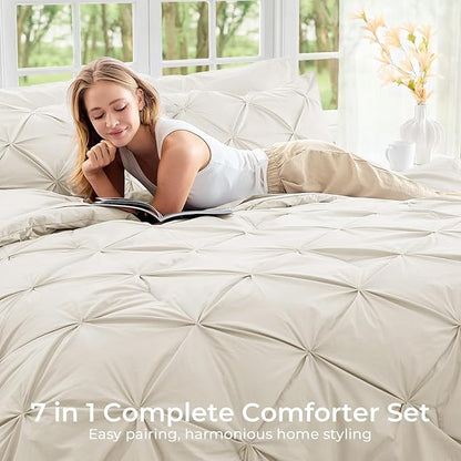 Sasttie California King Comforter Set, 7-Piece Bed in a Bag Cal King, Pintuck Bedding Set for All Season, Includes Comforter, Flat Sheet, Fitted Sheet, Pillowcases and Pillowshams, Beige