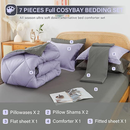 Cosybay Bed in a Bag King Reversible Comforter Sets 7pcs All Season Down Alternative Bedding Sets Lavender and Grey with Comforter, Pillow Shams, Flat Sheet, Fitted Sheet and Pillowcase