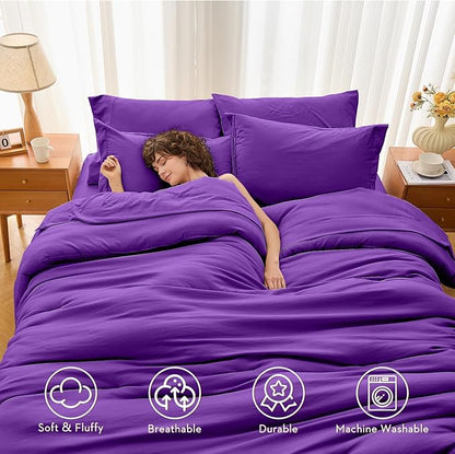 MUXHOMO 7 Pieces Queen Comforter Set, Soft Bed in a Bag Queen Size, All Season Bedding Set with Comforter, Flat Sheet, Fitted Sheet, Pillowcases & Shams, Purple