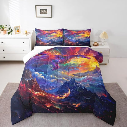 Dragon Bedding Set Full Size,Starry Sky and Flame Mountain Comforter Set 3Pcs,Kids Girls Boys Teens Home Decor,Magical Animals Quilt Set Purple Western Wildlife Theme Duvet Insert,2 Pillowcases