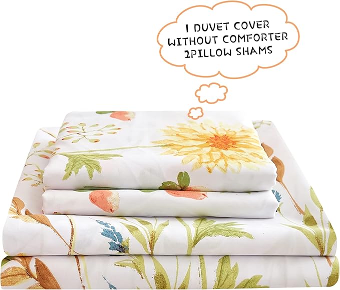 JSD Yellow Floral Duvet Cover Set King Size, 3 Piece Spring Printed Microfiber Comforter Covers Zipper Closure