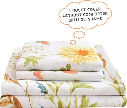JSD Yellow Floral Duvet Cover Set King Size, 3 Piece Spring Printed Microfiber Comforter Covers Zipper Closure