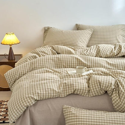 VM VOUGEMARKET Khaki Gingham Duvet Cover Queen 3 Pieces Neutral Beige & Mocha Plaid Duvet Cover 100% Washed Cotton Comforter Cover with 2 Pillowcases Farmhouse Checkered Bedding Set