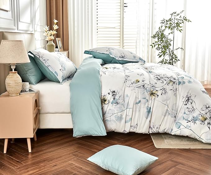 King Size Duvet Cover Set with Button Closure - Light Blue and Yellow Botanical Luxury Bedding for a Comfortable Sleeping