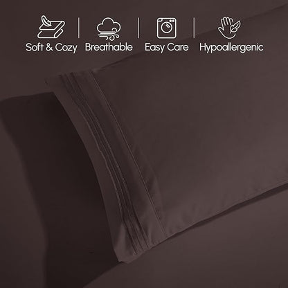 Elegant Comfort Luxurious 1500 Premium Hotel Quality Microfiber Three Line Embroidered Softest 4-Piece Bed Sheet Set, Wrinkle and Fade Resistant, RV Short Queen, Brown