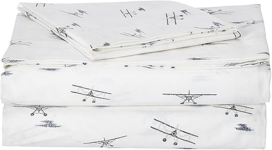 Eddie Bauer - Twin Bed Sheets, Cotton Percale Bedding Set with Matching Pillowcase, Crisp & Cool, Dorm Essentials (Sea Planes Blue)