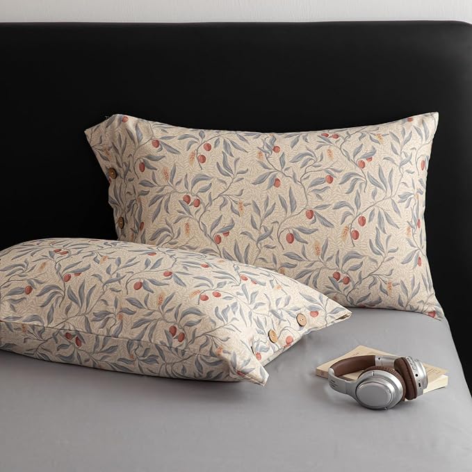 mixinni Cotton Linen Floral Duvet Cover Set, Vintage Botanical Print Comforter Cover with Wooden Buttons,Soft Breathable Blue Red Floral Boho Farmhouse Bedding Set for All Season-Queen Size