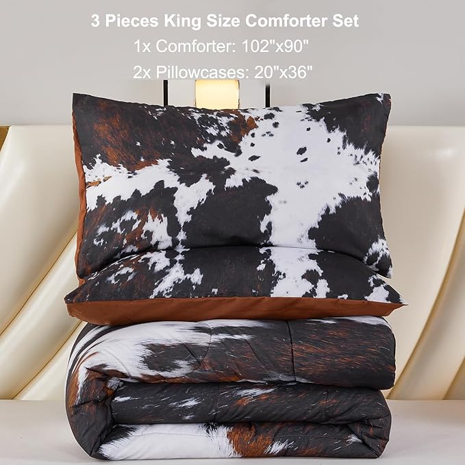 PERFEMET Black King Size Comforter Set 3 Pieces Cow Print Bedding Set Western Farmhouse Rustic Bed Comforter Animal Cowhide Quilt Set for Bedroom Decoration