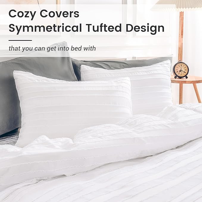 NEXHOME PRO Duvet Cover Full,White 3 Pieces Boho Tufted Duvet Cover Set, Soft and Lightweight 100% Washed Microfiber Comforter Cover Set for All Season(White Full, 80 x 90)-No Comforter