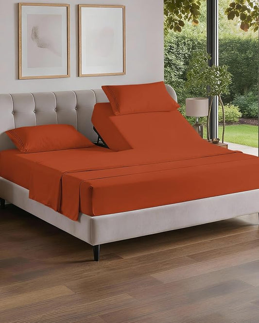 Flex Top Split Head King 4 Piece Sheet Set - Comfy Breathable & Cooling Bed Sheets Set - Hotel Luxury Bedding for Women, Men, Kids, Teens, Boys & Girls - Deep Pockets, Soft and Oeko-Tex - Terracotta