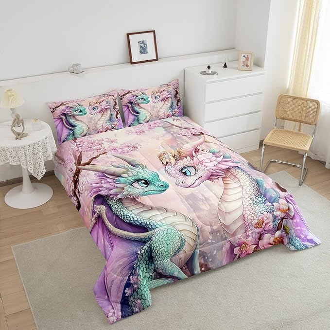 Western Dragon Couple Comforter Set Twin Size for Kids Japanese Cherry Blossom Bedding Sets All Season Pastel Girly Pink Castle Quilt Set Bedroom Decor Dreamy Fairy Tale Down Comforter,2Pcs