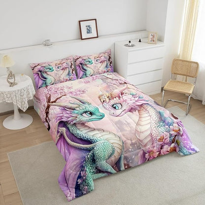 Western Dragon Couple Comforter Set Toddler Size Japanese Cherry Blossom Bedding Sets All Season Pastel Girly Pink Castle Quilt Set Bedroom Decor Dreamy Fairy Tale Down Comforter,2Pcs