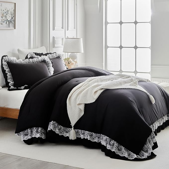 Joyreap Queen Size Comforter Set Black, 3pcs Lace Ruffled Bedding Comforter Set, Microfiber Vintage Gothic Boho Chic Bedding Set for All Season- 88x88 inches