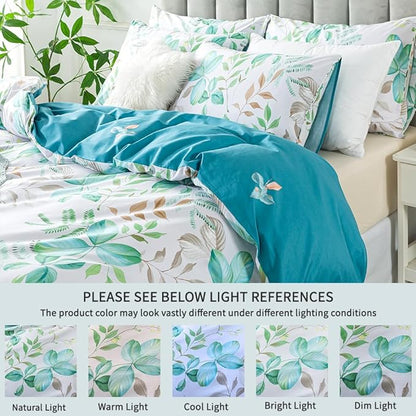 FADFAY Botanical Duvet Cover Sets Twin Size 100% Cotton Teal Green Leaves Patterned Comforter Cover Aesthetic Bedding for All Season Soft Crisp Modern Bed Cover with Zipper 3 Pcs